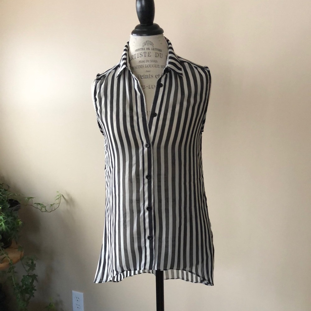 Sheer Striped Sleeveless Blouse, Black & White (Size Small)